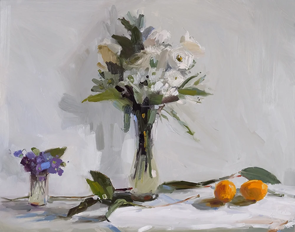 White Bouquet with Violets and Meyer Lemons