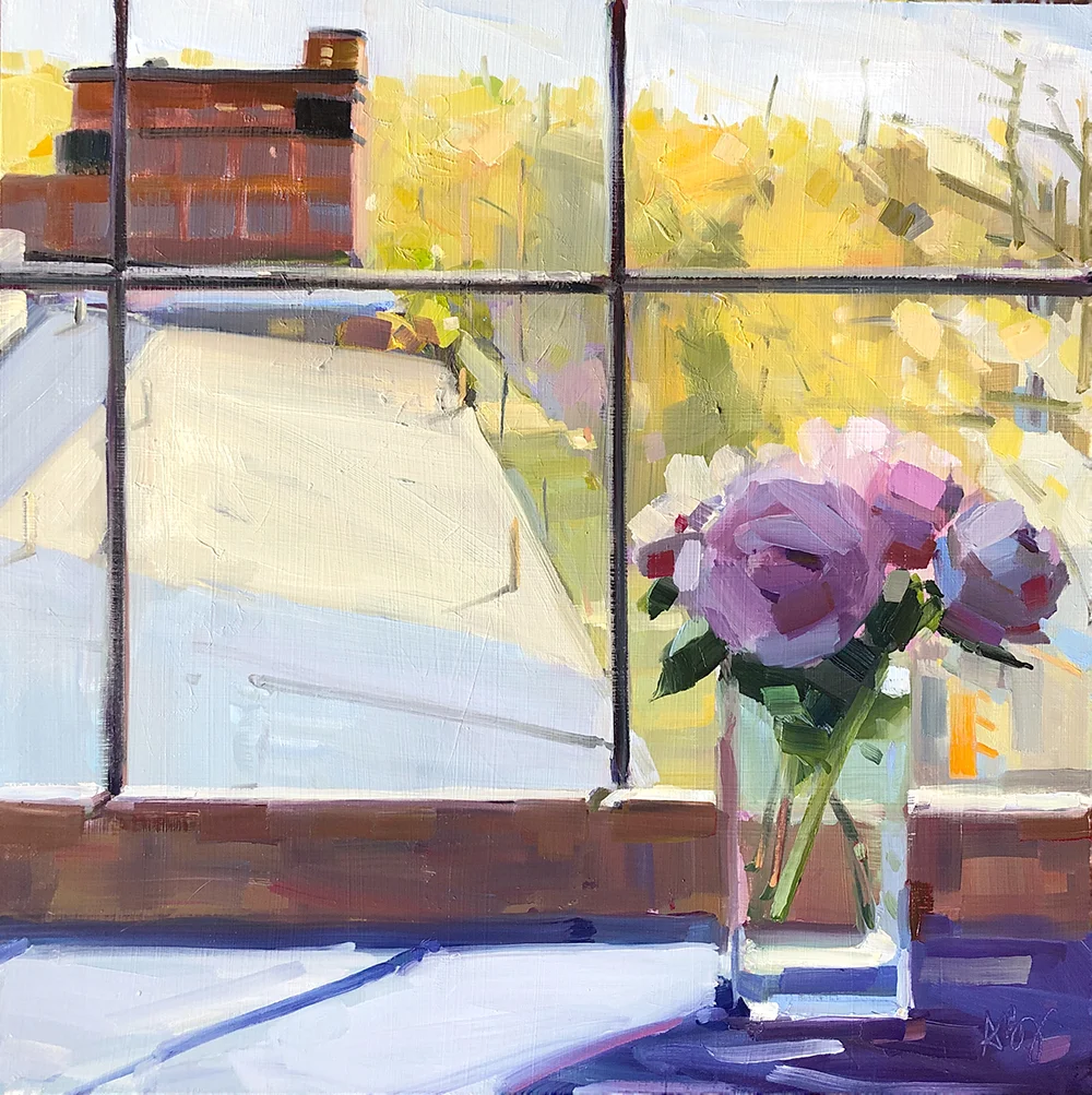 Peonies and Factory, 16 x 16, oil on panel.