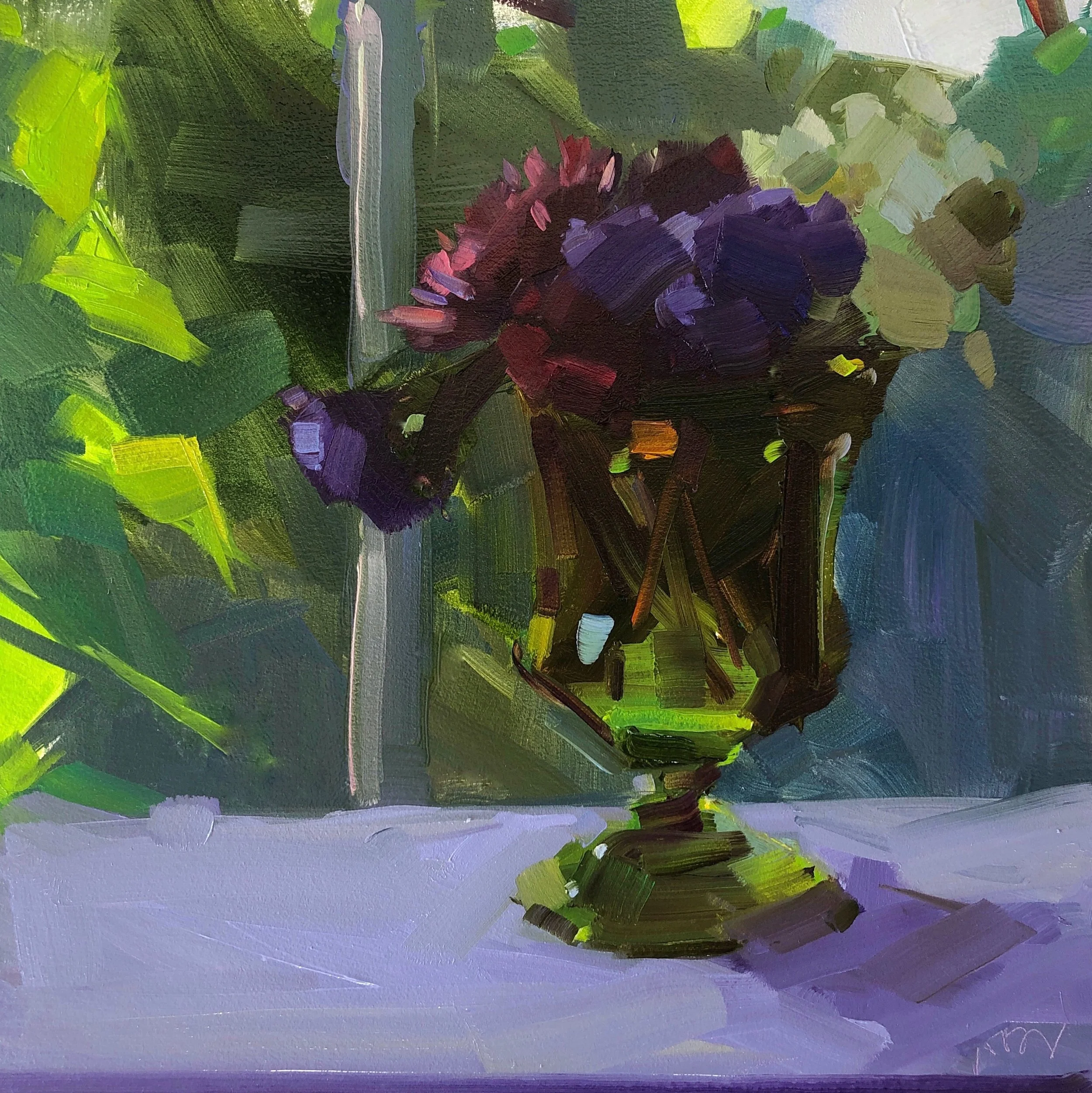 Late August Flowers and Window, 10 x 10, oil on panel.