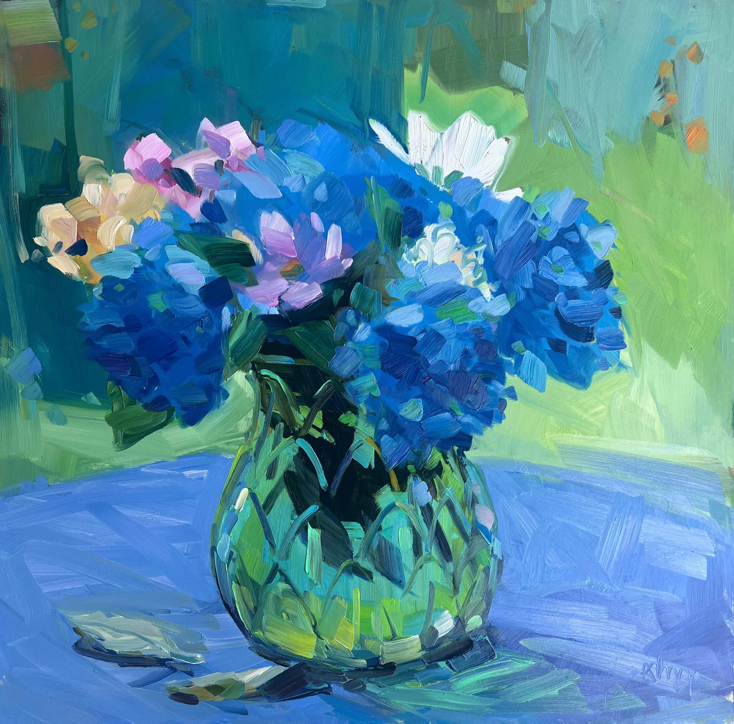 Blue Hydrangeas in the Landscape, 16" x 16" x 1.5"   Original Oil Painting, unframed