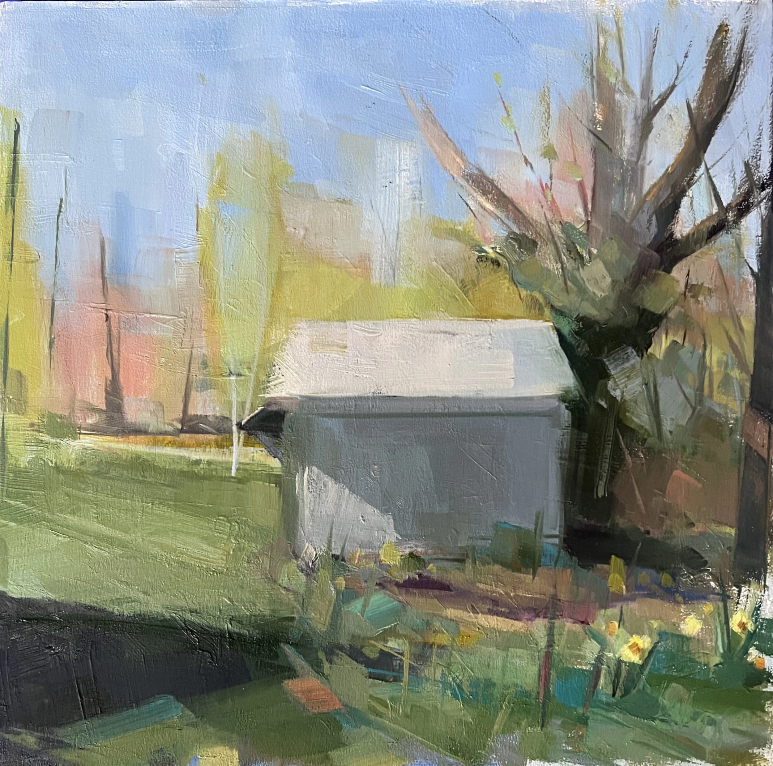 Spring Landscape with Shed, 12" x 12" x 1/4"  Original Oil Painting, unframed