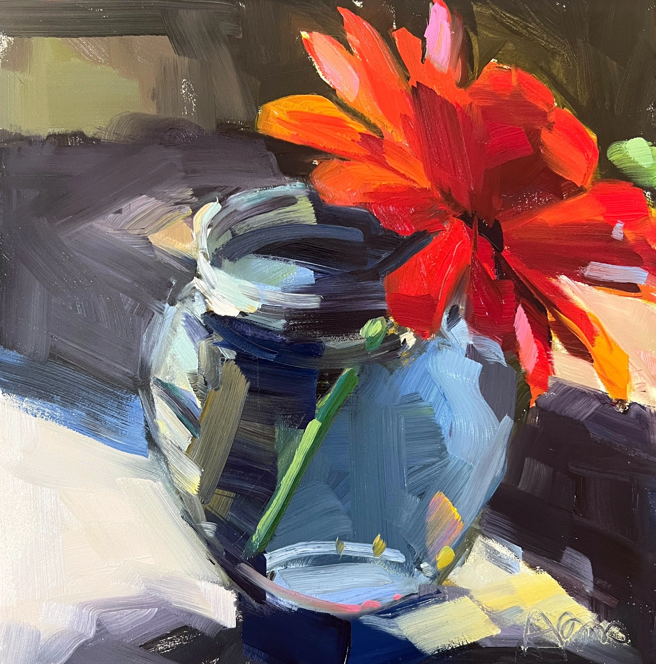 Red Zinnia,  8" x 8" x 1/8" Oil Painting, Unframed