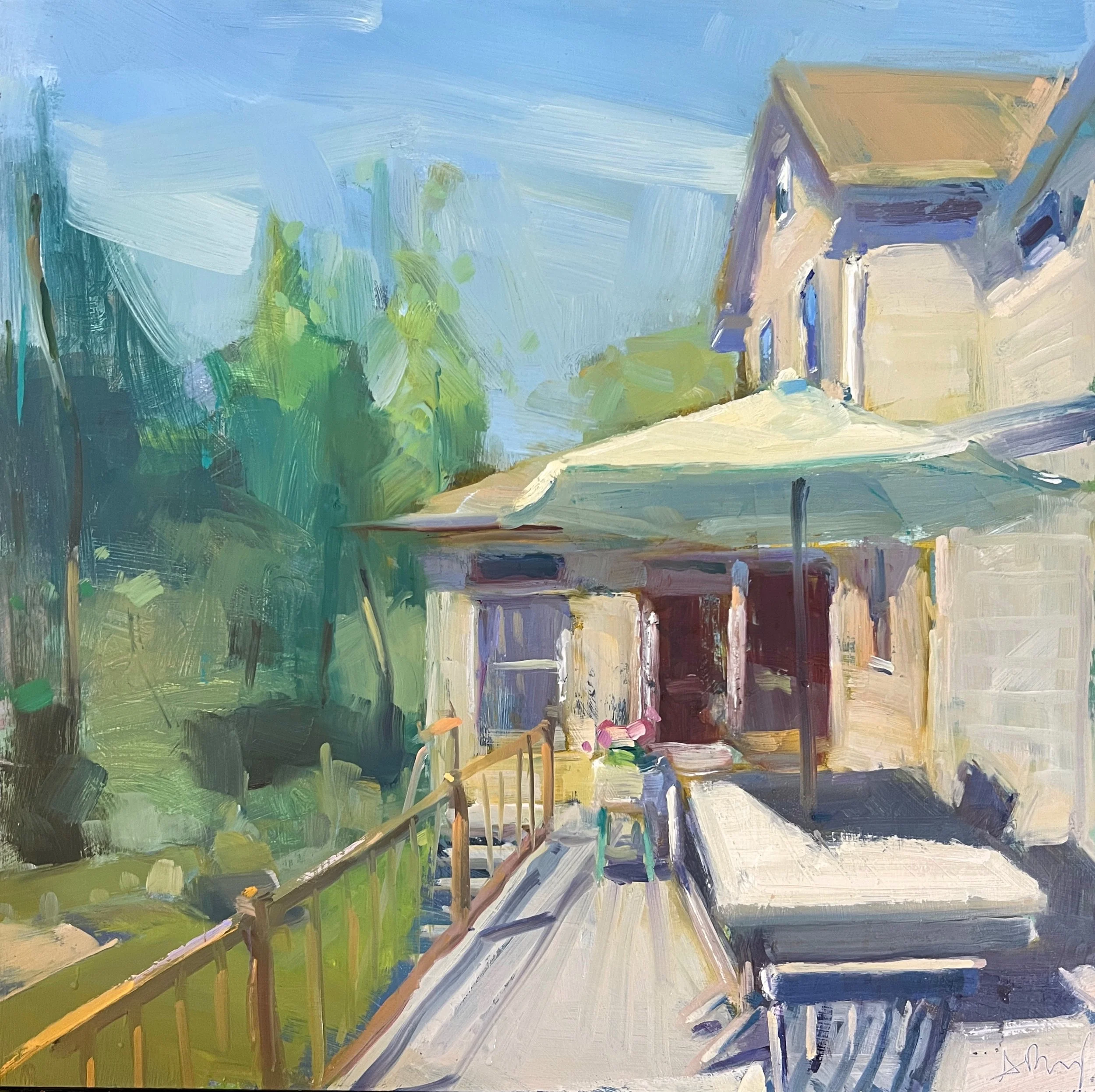 Backyard Deck, Spring.   11 x 11 x 2"   Oil Painting, Framed