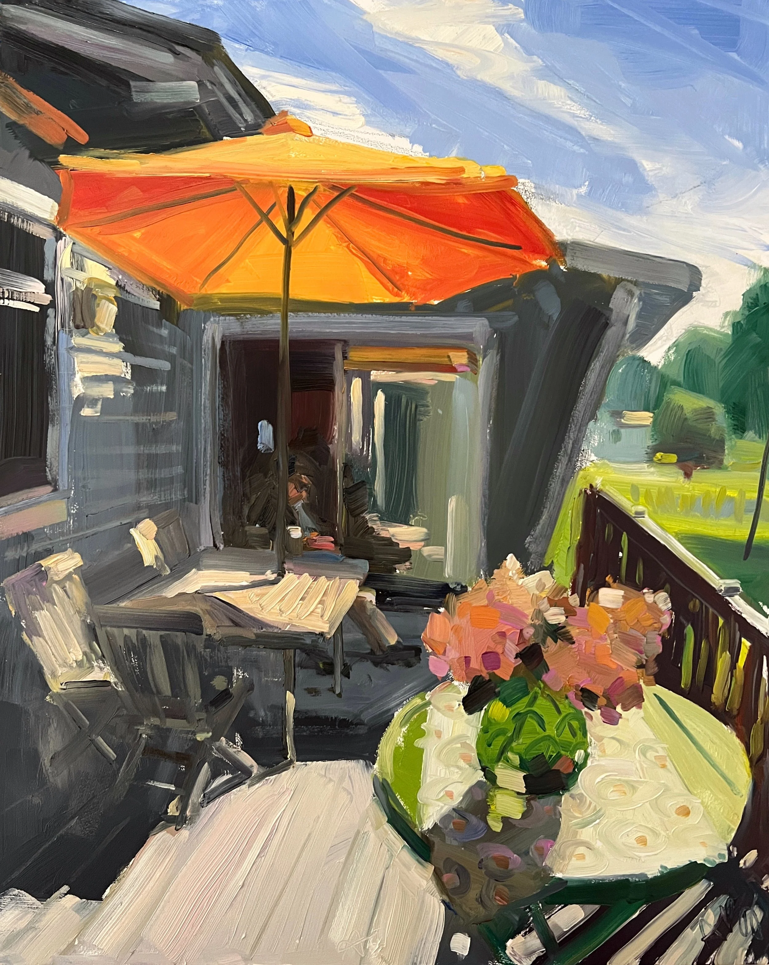 Sitting on the Deck at Noon,  14 x 11" x 1/8" Original Oil Painting, Unframed
