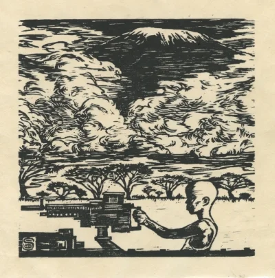 Original Hand pulled woodcut print on Japanese paper ; 6x6in Mount Kilimanjaro, for all the children who is killing or been killed in the war