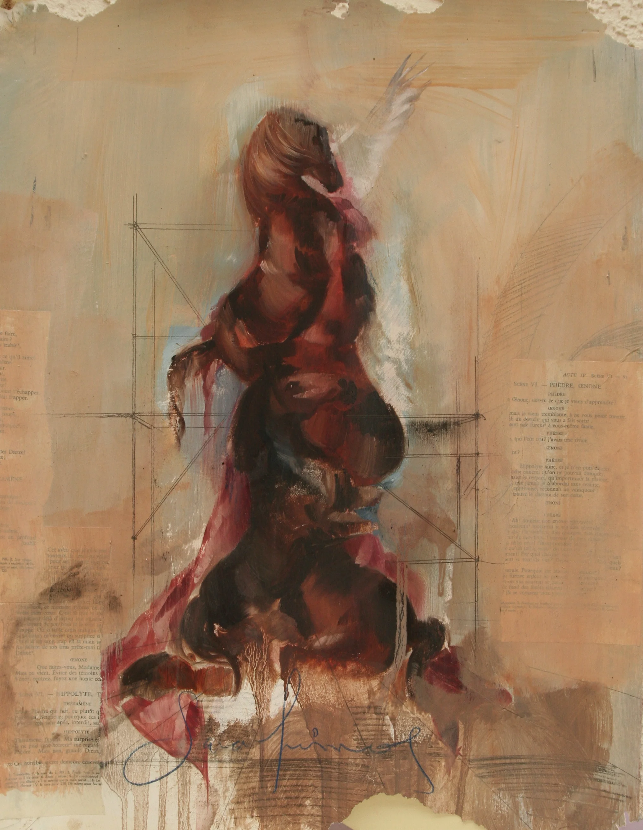 Serafinos study oil, graphite, collage on stonehenge 15 1/2"x 20" 2012