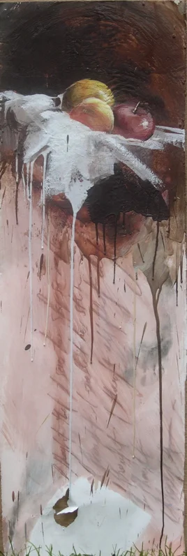 The weight of our memories I encaustic/conte on stonehenge 13"x40" 2009