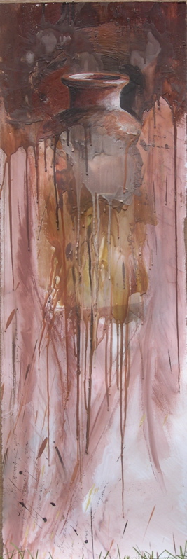 The weight of our memories I encaustic/conte on stonehenge 13"x40" 2009