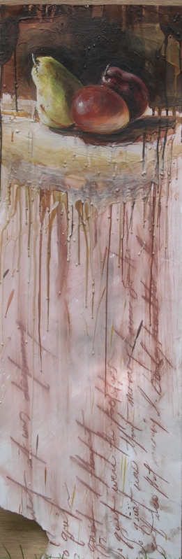 The weight of our memories I encaustic/conte on stonehenge 13"x40" 2009