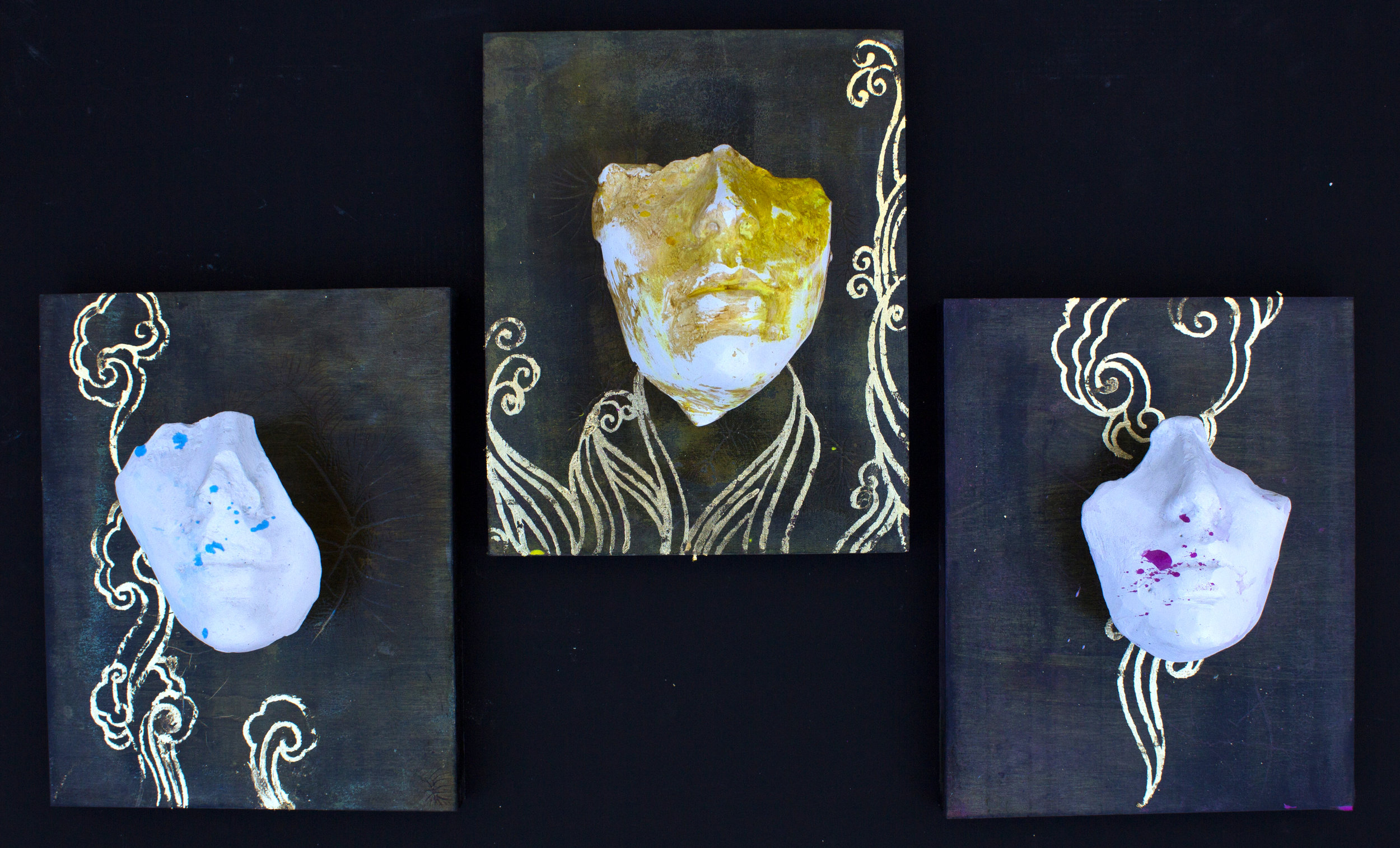   Three Graces   plaster of paris/ gold leaf   3 pieces 8”x10”  2019 