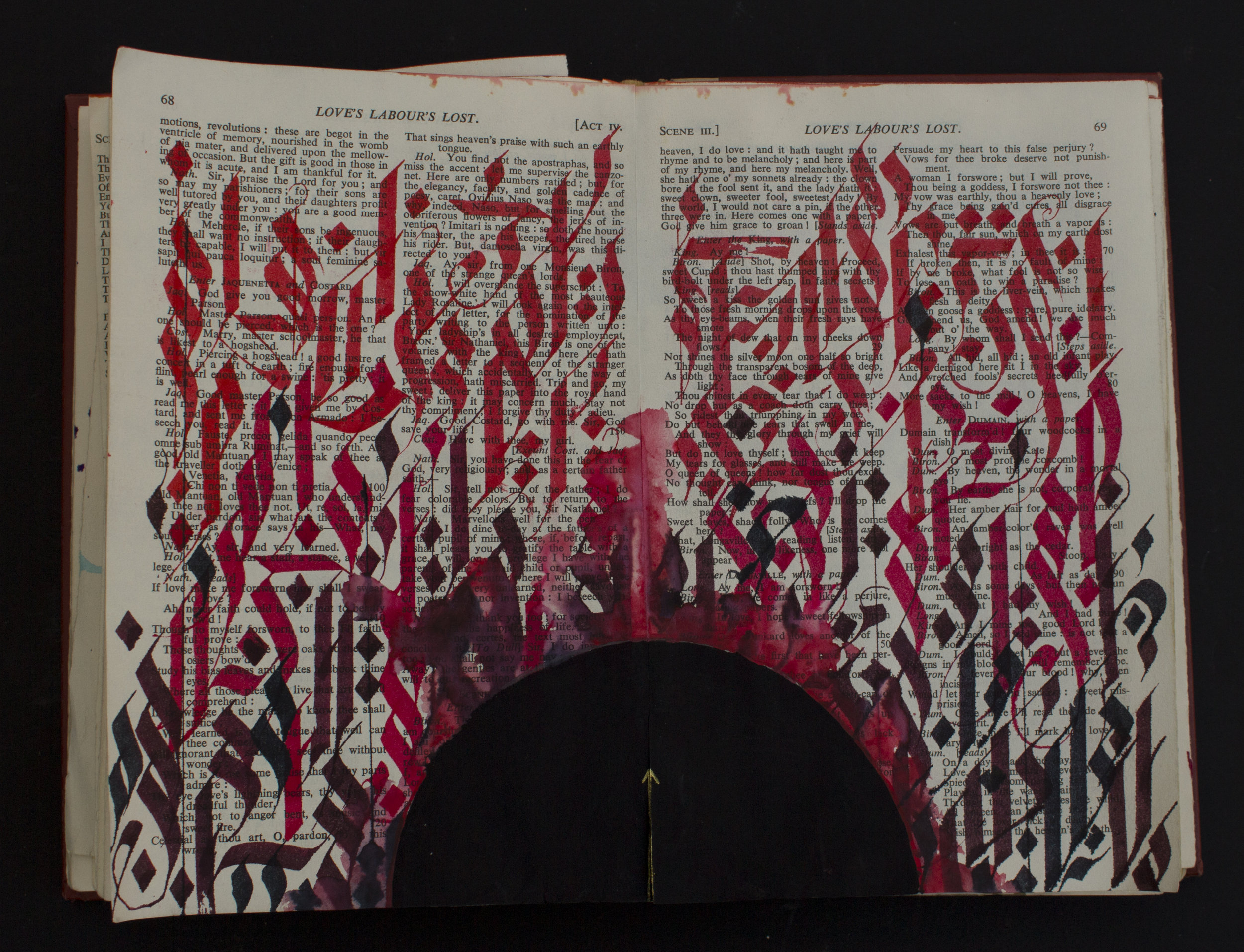   Loves labours lost   ink/acrylic/gold paint on found book  12”x8.5”  2019 