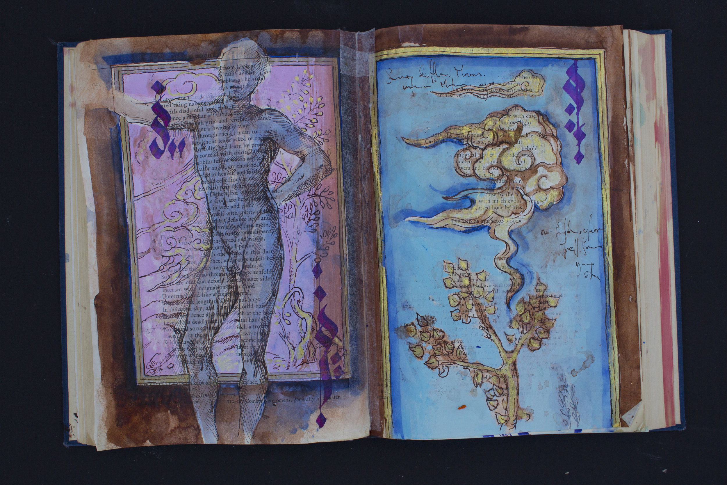   Paradise Lost   ink/acrylic/gold paint on found book  15”x10”  2019 