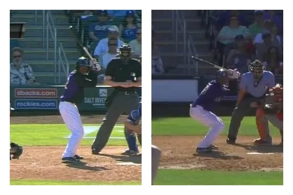 On the left, Tapia goes into his "normal" pre-swing couch. On the right, the Colorado prospect crouches down even lower as is his tendency when faced with a 2-strike count. (Credit: BSN Denver & MLB.com)