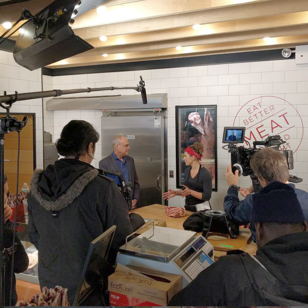 Sam Garwin and Mark Bittman filming for the Signature Kitchen Suite video series.