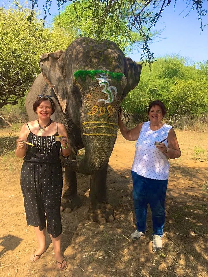 Makenzie and her older sister Debbie enjoying themselves at an elephant camp near Jaipur