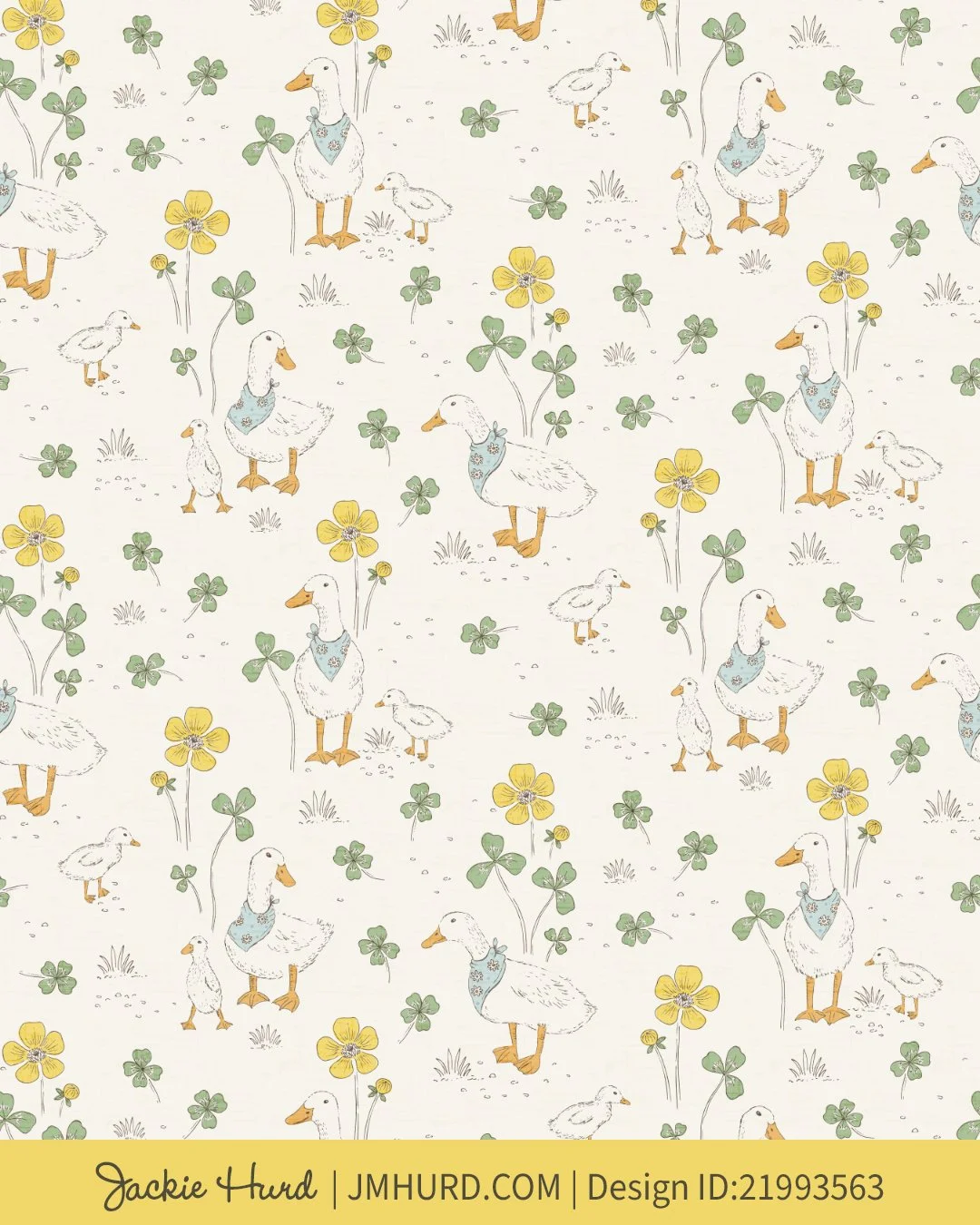 Pattern for wallpaper and fabric featuring cottagecore ducks and clovers with yellow flowers