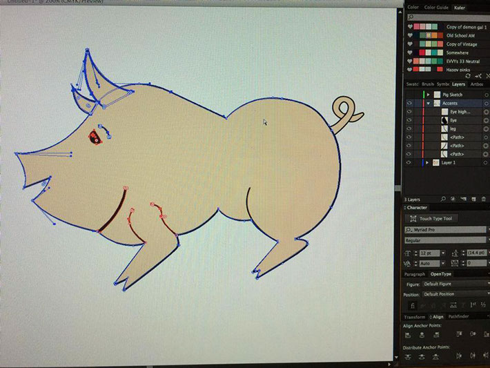 Re-creating my sketch in Adobe Illustrator with the pen tool. That old school color theme up in the corner is the one I went with for a color pallet. 