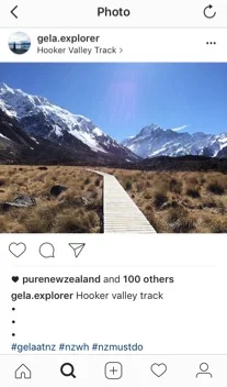 Figure 2. original Instagram post by @gela.explorer using the hashtag #nzmustdo, liked by @purenewzealand in January 2016 (gela.explorer, 2016)