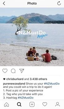 Figure 3. Post by @purenewzealand actively asking their followers to share an experience and use the hashtag #NZMustDo in May 2015 (purenewzealand, 2015)