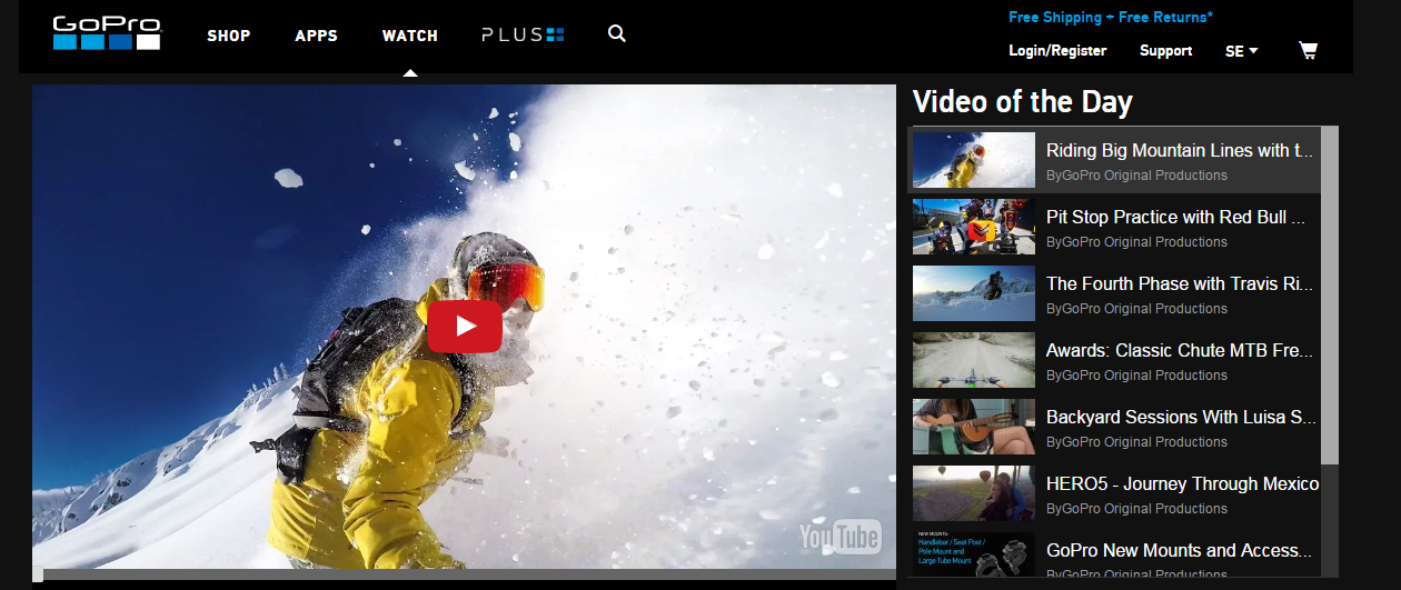 Picture 4: Alt screenshot of GoPro Video of the day webpage. In the left side, appears a big picture with a man doing snowboarding. In the right side, small screenshots of other videos of the day.
