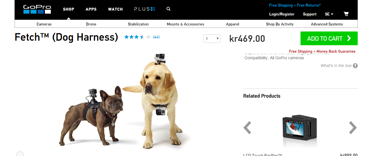 Picture 5: Alt screenshot of the GoPro Dog Harness. Two dogs appear wearing it on their back, one looks to be a small black boxer and the other a golden retriever. The price of kr460.00 appears on the right side.