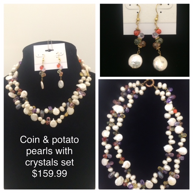 Gorgeous coin & potato pearls with multicolored crystals sprinkled between them. Priced at $159.99, this stunning necklace/earring set is now available for purchase or you can choose our layaway program :)