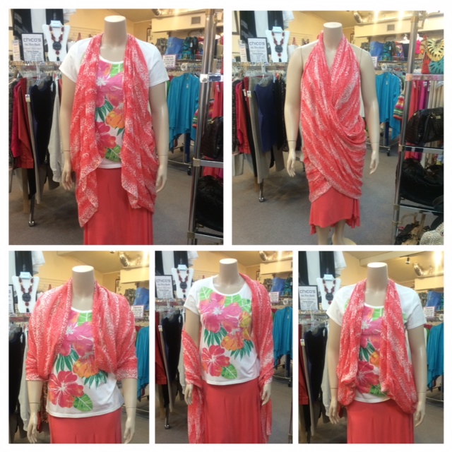 One Scarf shown 5 different ways! We have lightweight and colorful print scarves in stock that can be worn multiple ways. Use it as a wrap or bolero jacket, turn it into a vest, or even a swimsuit cover up. Stop by the store and we'll show you how : ) Click below to watch a video on how to turn your scarf into a vest. https://m.facebook.com/story.php?story_fbid=810660258953418&id=100000588342070