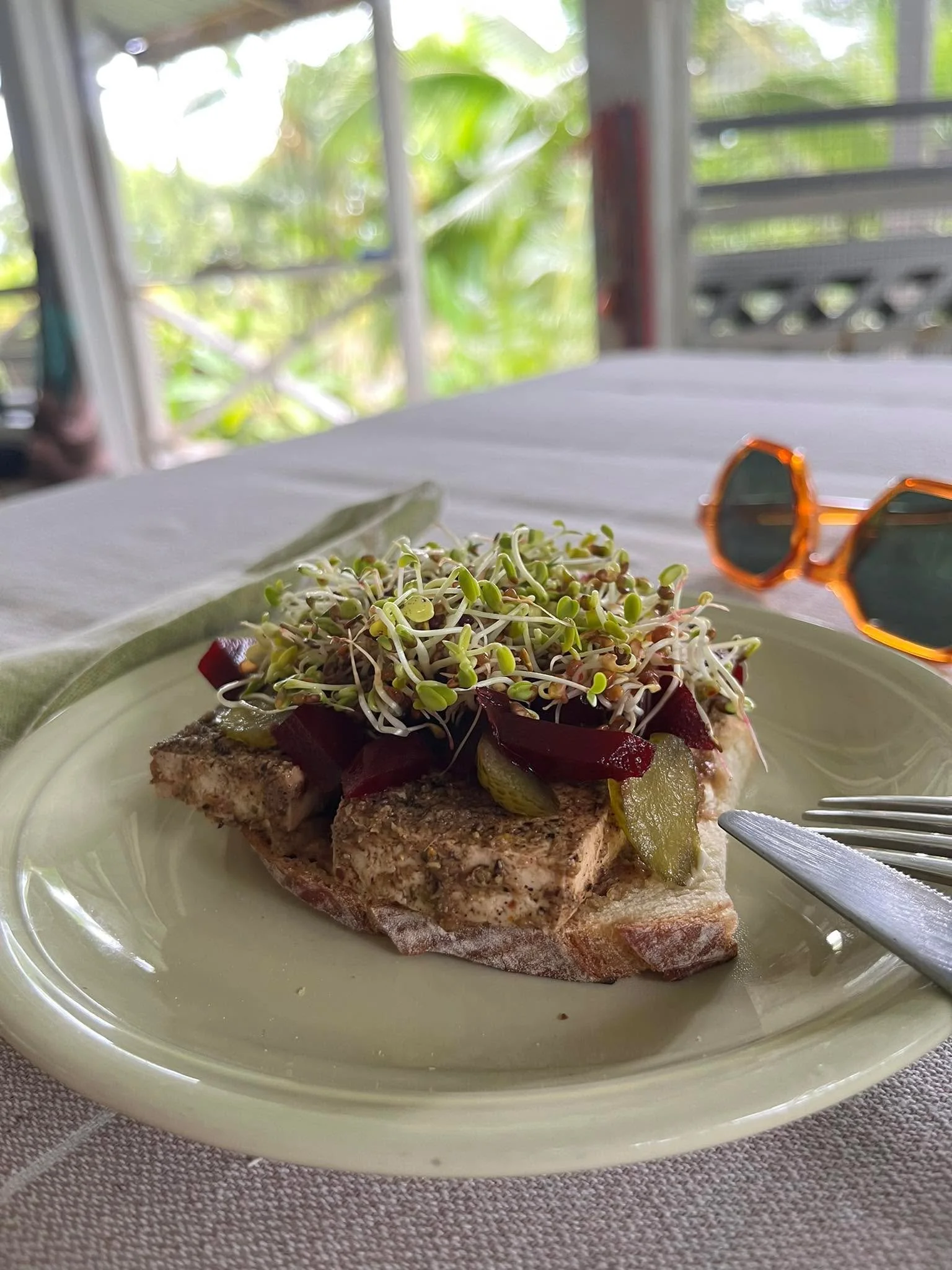 Thanks Steph for the yummy leftover jerked tofu that you pulled together out of thin air one night during your stay. I&rsquo;m having it open face on toast with mayo, sweet pickle, sauce, beets and sprouts.