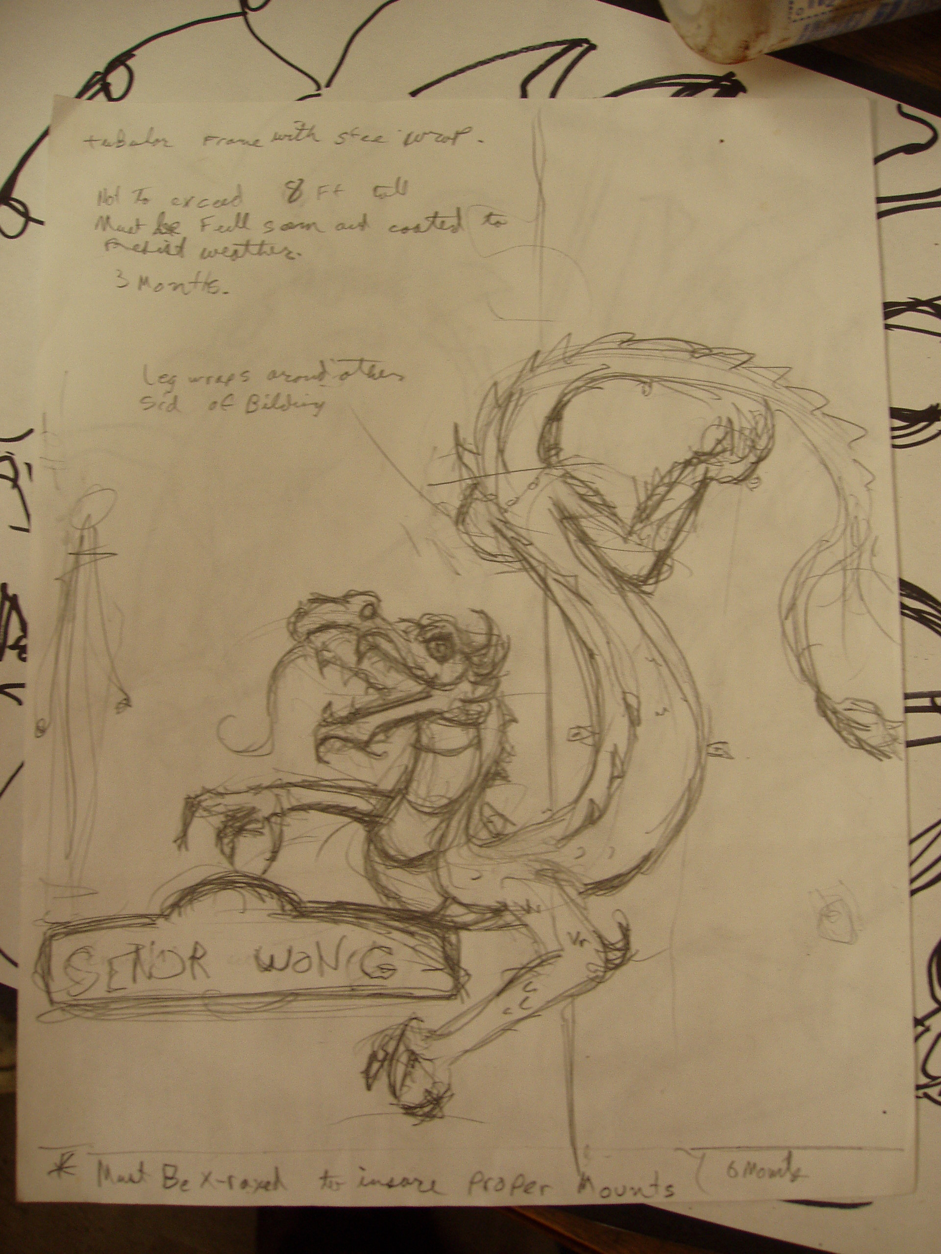  Prelimary drawing for dragon sculpture outside Señor Wong 