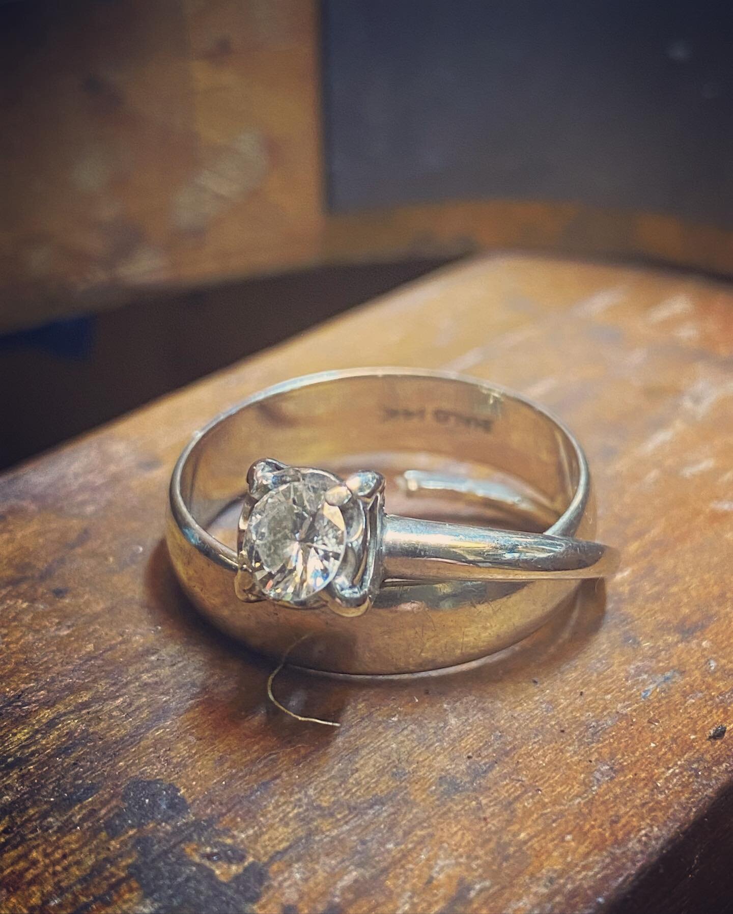 Making an heirloom from heirlooms:

His wedding band now features the coordinates of their home.  All of the gold from her engagement ring is repurposed to hold the diamond and complete the design.

#heirloomjewelry 
#shineon