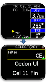 Diese Seite ermöglicht einfache Turnpoint Navigation zu einem Punkt. Der gelbe Punkt ist der gewählte Turnpoint, das weiße Flugzeugsymbol ist die eigene Position. FG: -318 ist der Endanflugswert - rechts werden Distanz (3.7km) Bearing (285°) und der Track angezeigt. In der Mitte unten wird das Stearing <75° (also nach links 75 Grad) und die Zoomstufe angezeigt. Um Turnpoints verwenden zu können müssen diese in den Speicher des EOS geladen werden. (cup file)