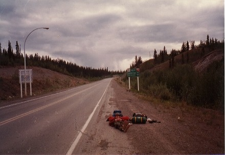 Waiting for a ride outside of Whitehorse. Before burning the Bible.