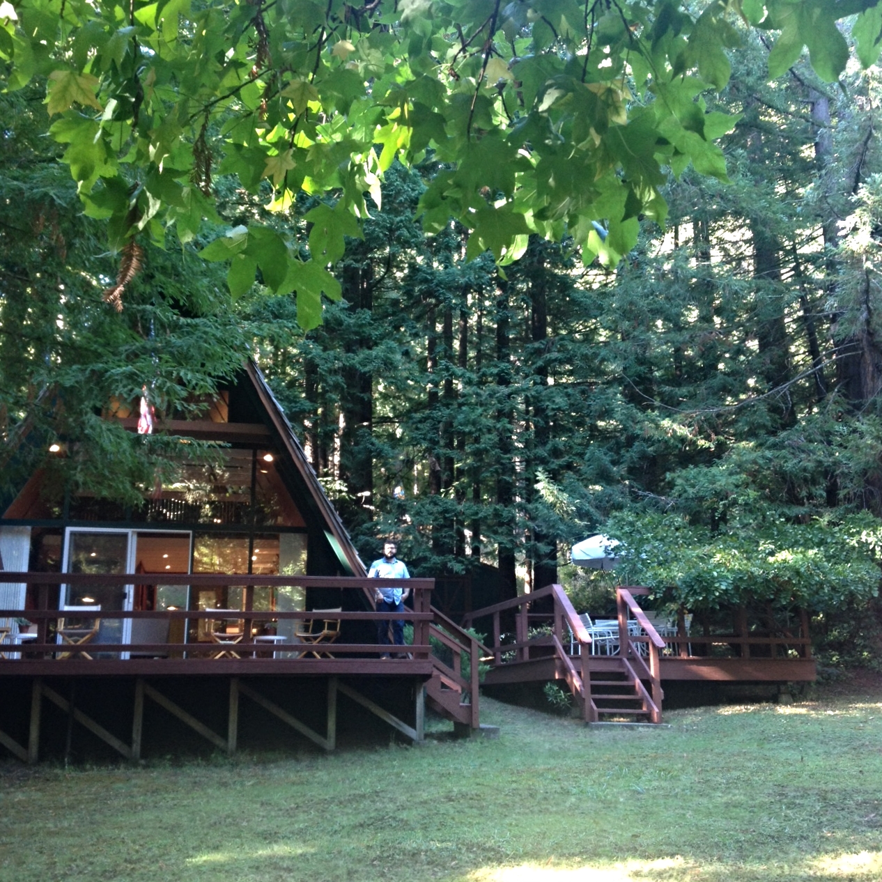 The rear view of the house. There's a separate deck to the side. 