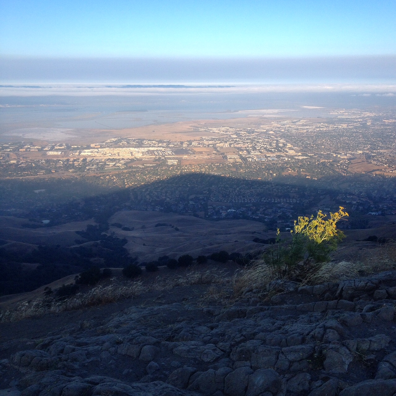 The shadow of Mission Peak on the valley.