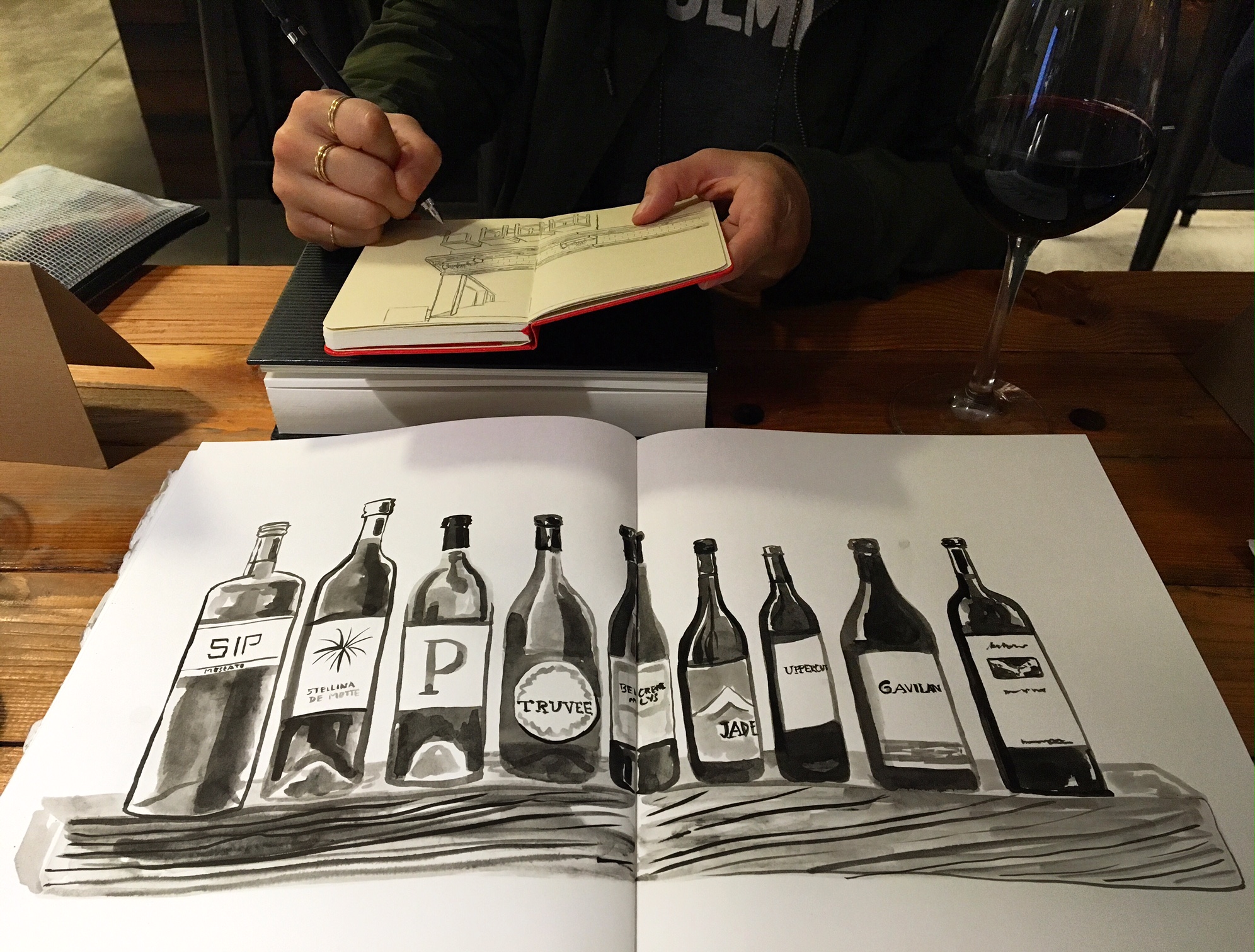I drew wine bottles in Sumi ink
