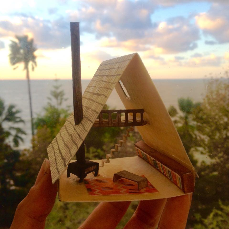 A paper A-frame house with my studio window view in Cádiz, Spain