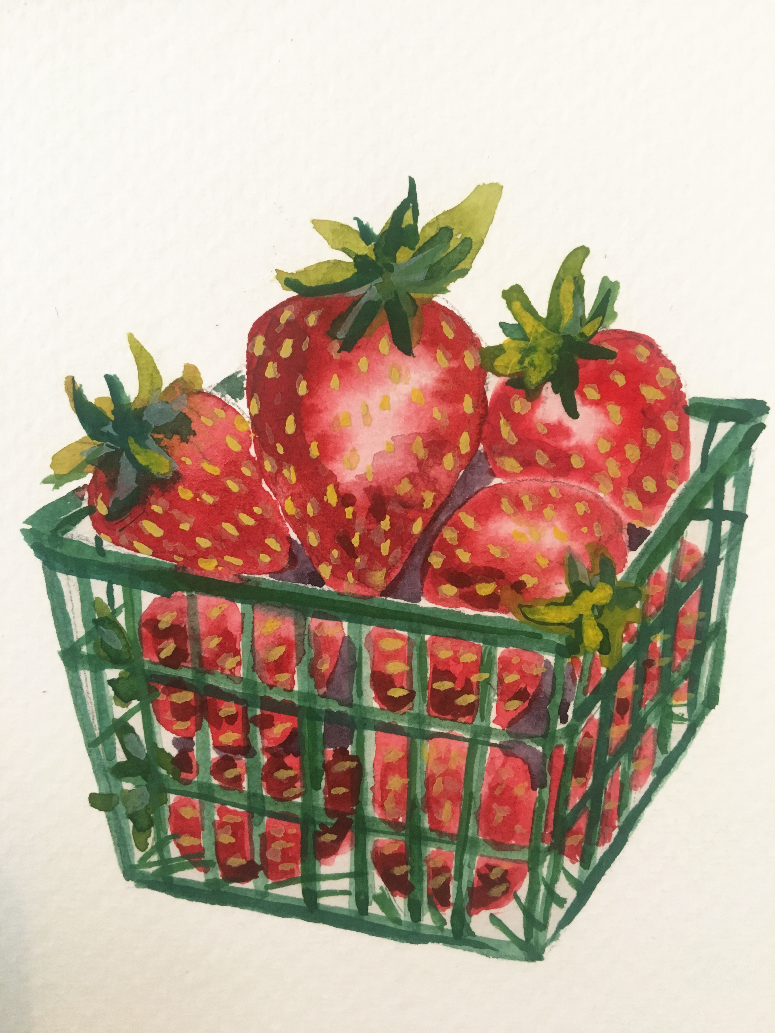 A basket of strawberries painted on a postcard for a friend