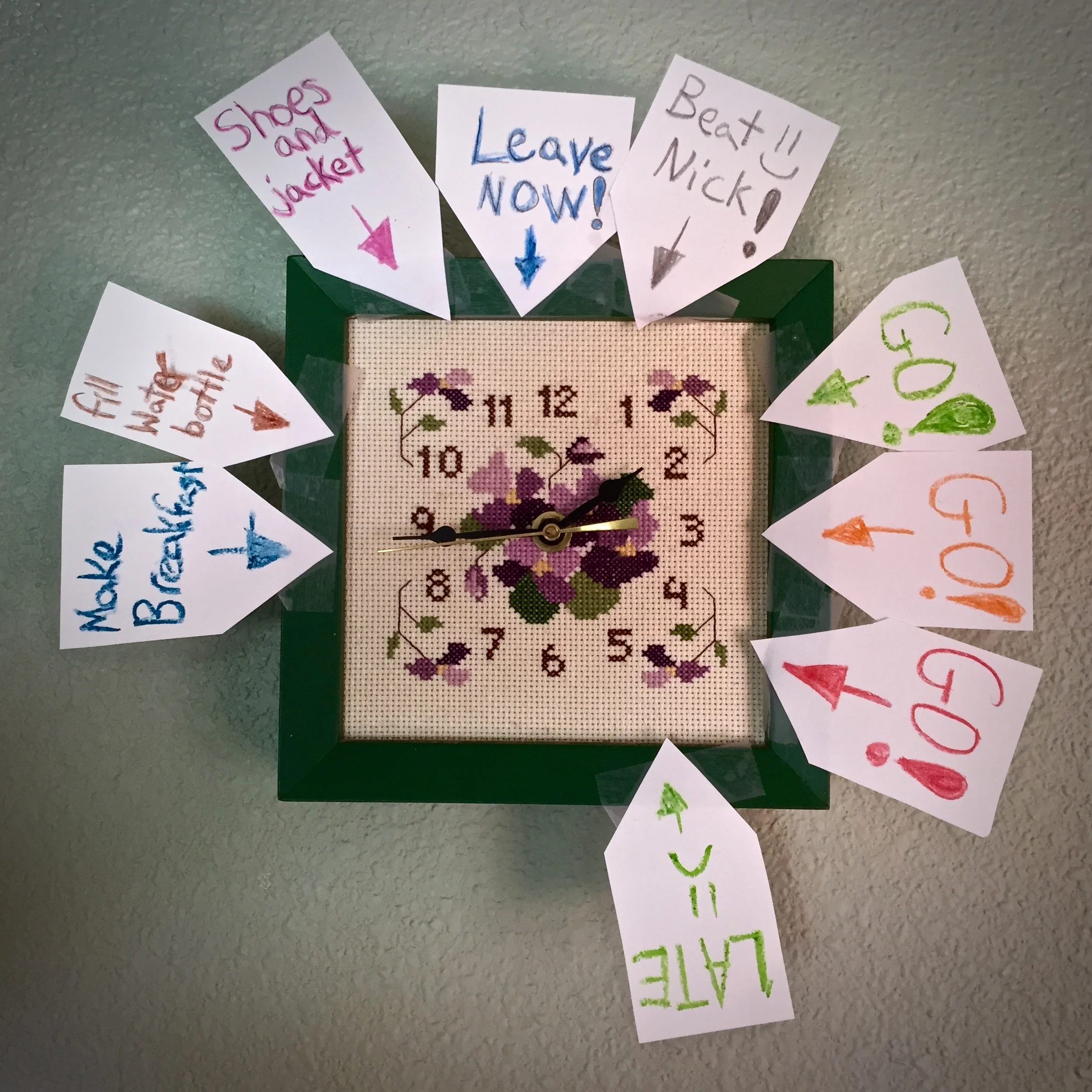 This is the visual cue clock that ended up a great kitchen helper, even though intended as a joke — click to enlarge!