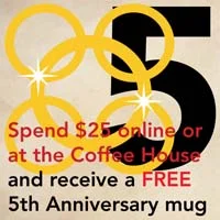 DEC. 20 - 5 GOLDEN RINGS Spend $25 online or at Vienna Coffee House and receive a FREE 5th anniversary mug . *Free mug will be included in your package when shipped.