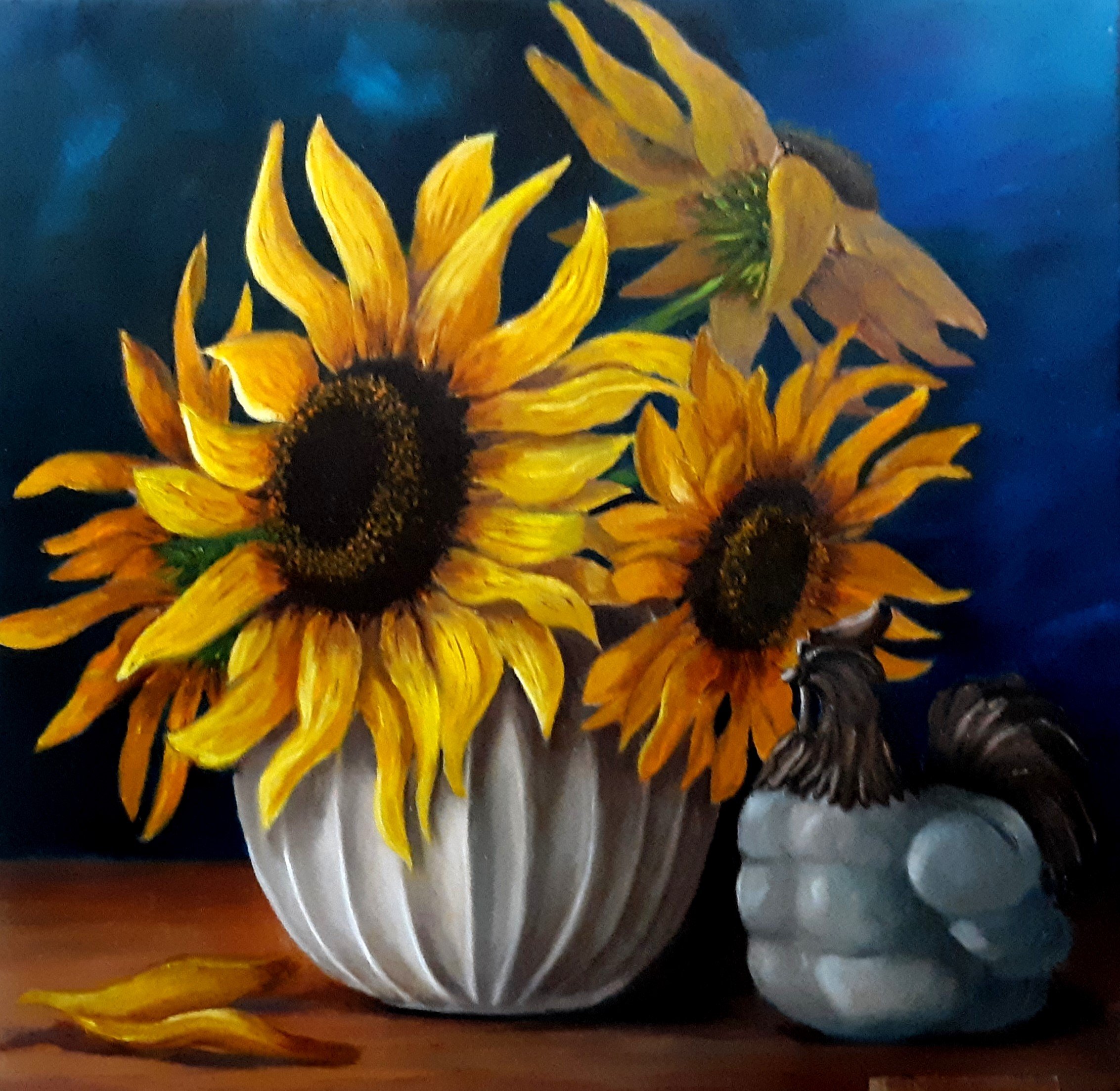 Sunflowers with Ceramic Rooster