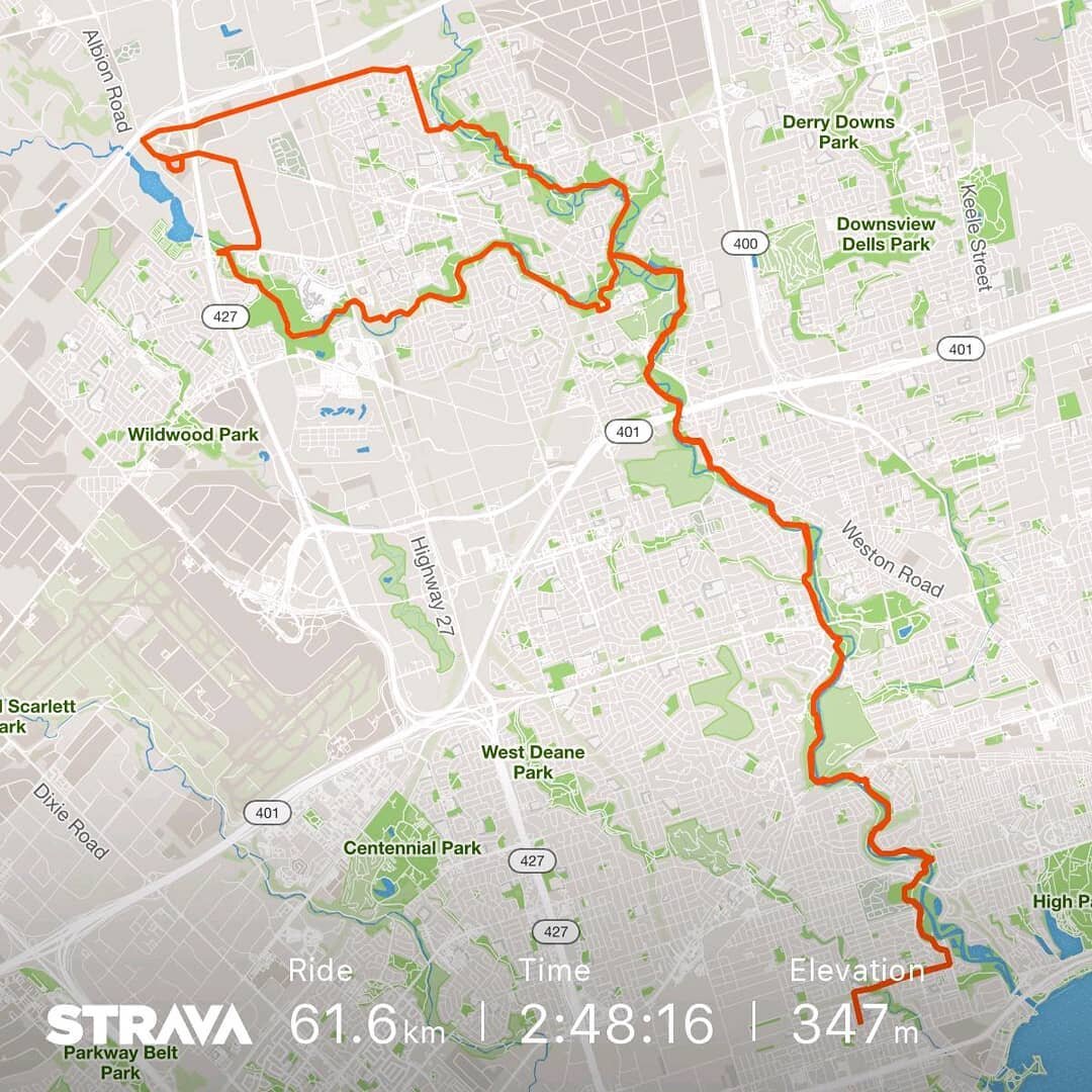 My longest (time 2h 48min and distance 61.6km) bike ride yet! Loving the Humber River path!