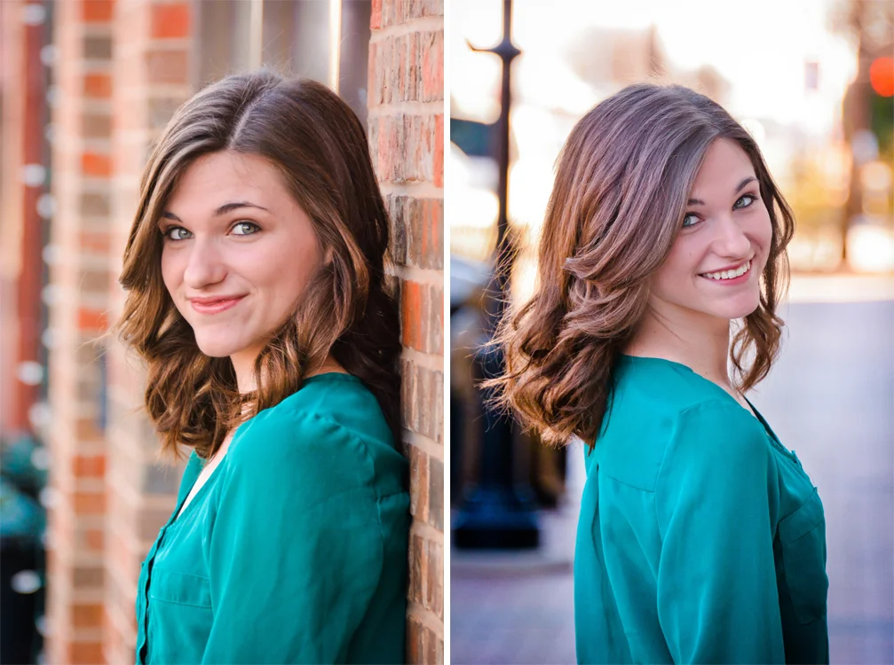 I played around with different lenses here. Left: 35mm 1.8 G (portrait lens) I have to be very close to the subject and have to carefully pick my focus. The 1.8 aperture is blurring the background for me. Right: 28-300mm 3.5-5.6 G (zoom lens) I'm standing 15-20 feet back from her, and zooming optically for the blurred effect on the background. I prefer the 1.8 portrait lens typically, but it's nice to play around with both.