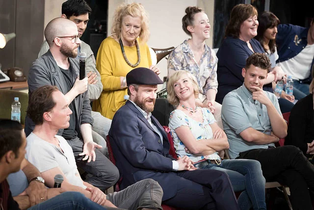 Jamie Lloyd with mic, alongside Martin Freeman and Jane Horrocks