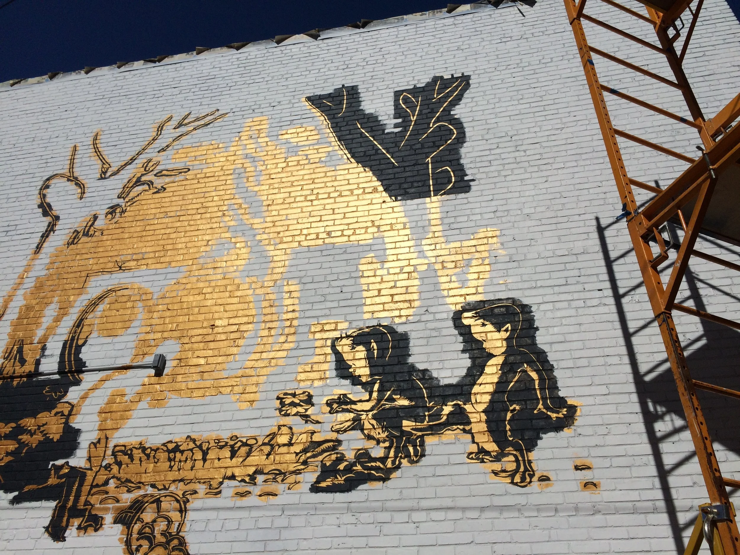 The Twisted Horn (In Progress) Hand painted mural on brick 20' x 30' 2016