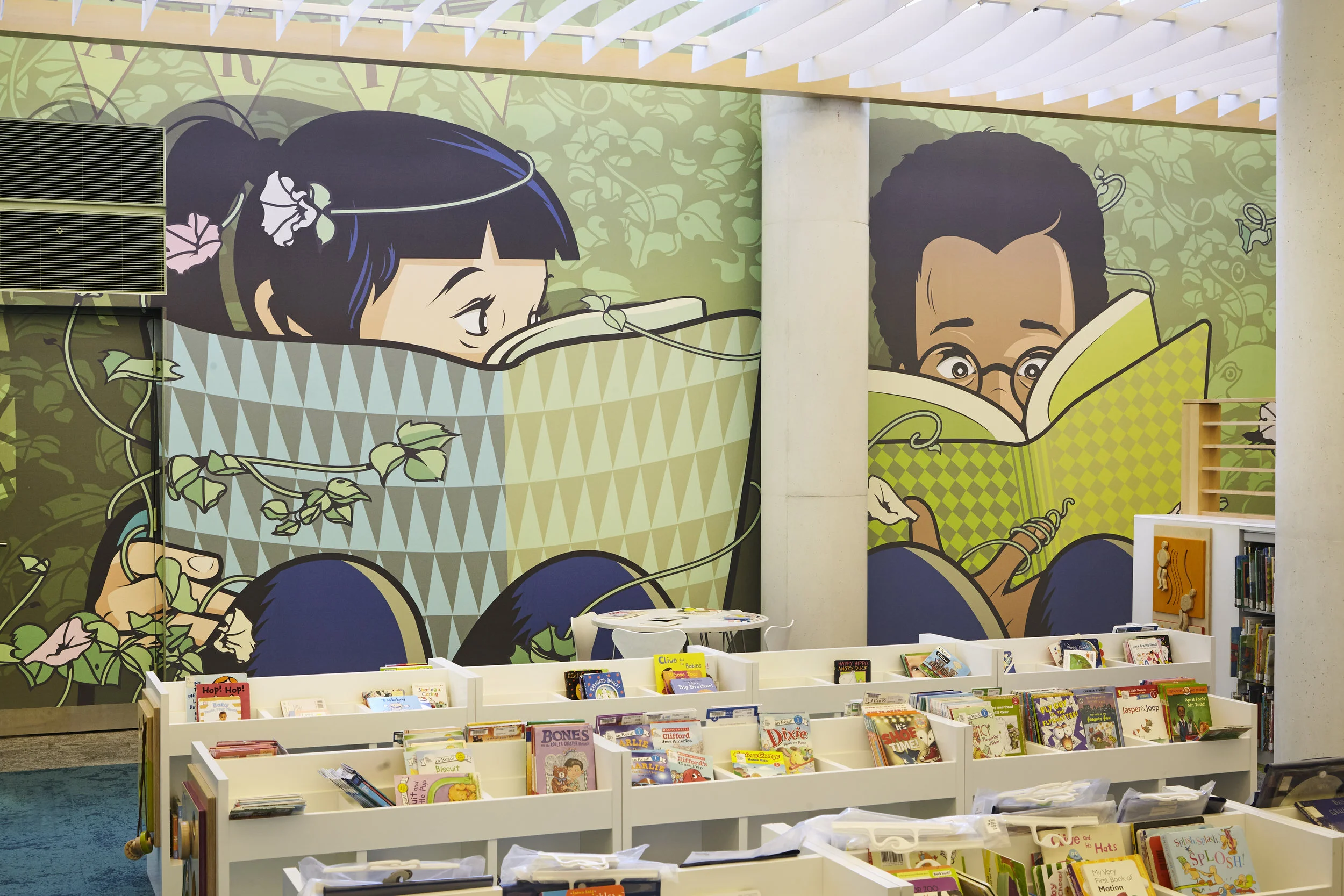 A Garden Party (Installation view) Digital print on wall paper 13' x 160' 2018 Installed at the new West End Library in Washington, DC in 2018. Photograph by Luke Walter Photography