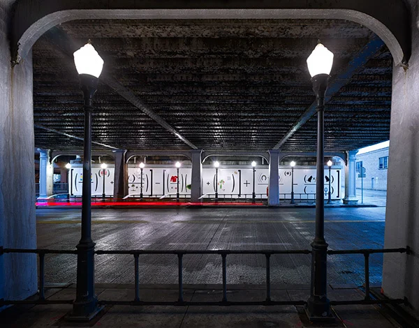  = The Light at the End of the Tunnel, 2013-14, 90’ x 10’ acrylic on alumalite panels. Photo by Ed Massery. 
