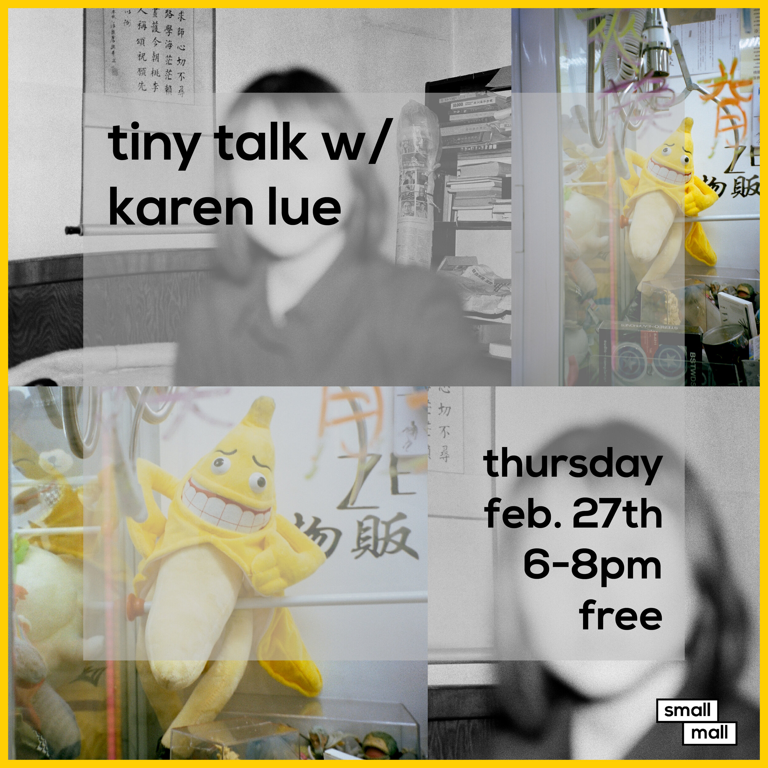 Photo collage featuring images of Karen Lue and her artwork, photo of a smiling plush toy banana.