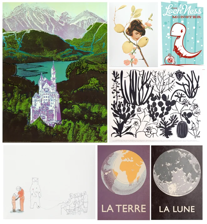 Clockwise from top left / 1 Andy Warhol. Neuschwanstein Castle / 2 Matthew Rose. Immaculate Perception / 3 Andy Young. Monster Friends Lochness Monster / 4 Banquet. Cactus / 5 Double Merrick. La Lune & La Terre / 6 Alyson Fox. Mission.