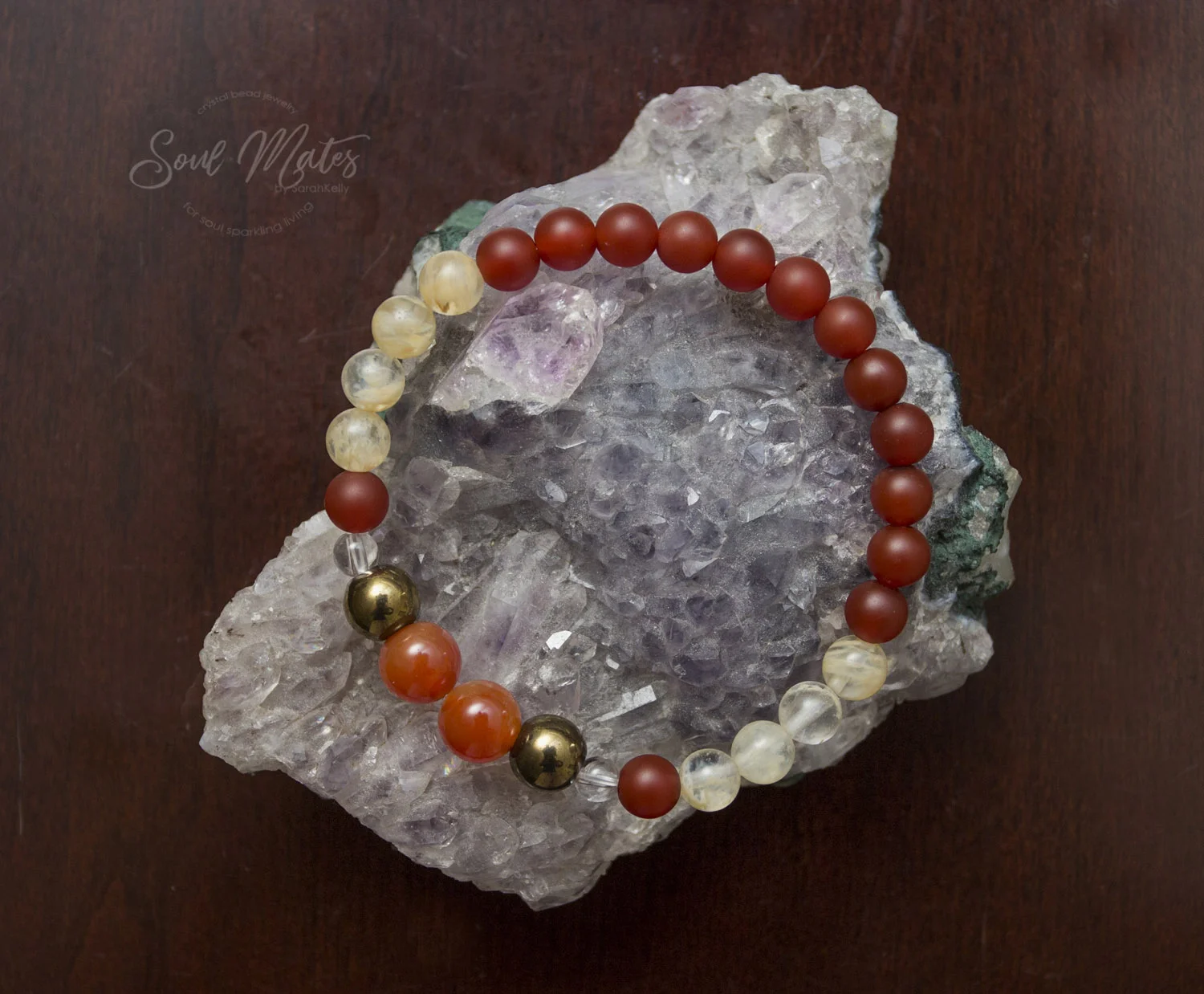Energizing Carnelian and Citrine combined with Pyrite stimulate the metabolism, improve motivation, self esteem, self confidence and creativity. Wealth attracting. Great for wear during the day! $22