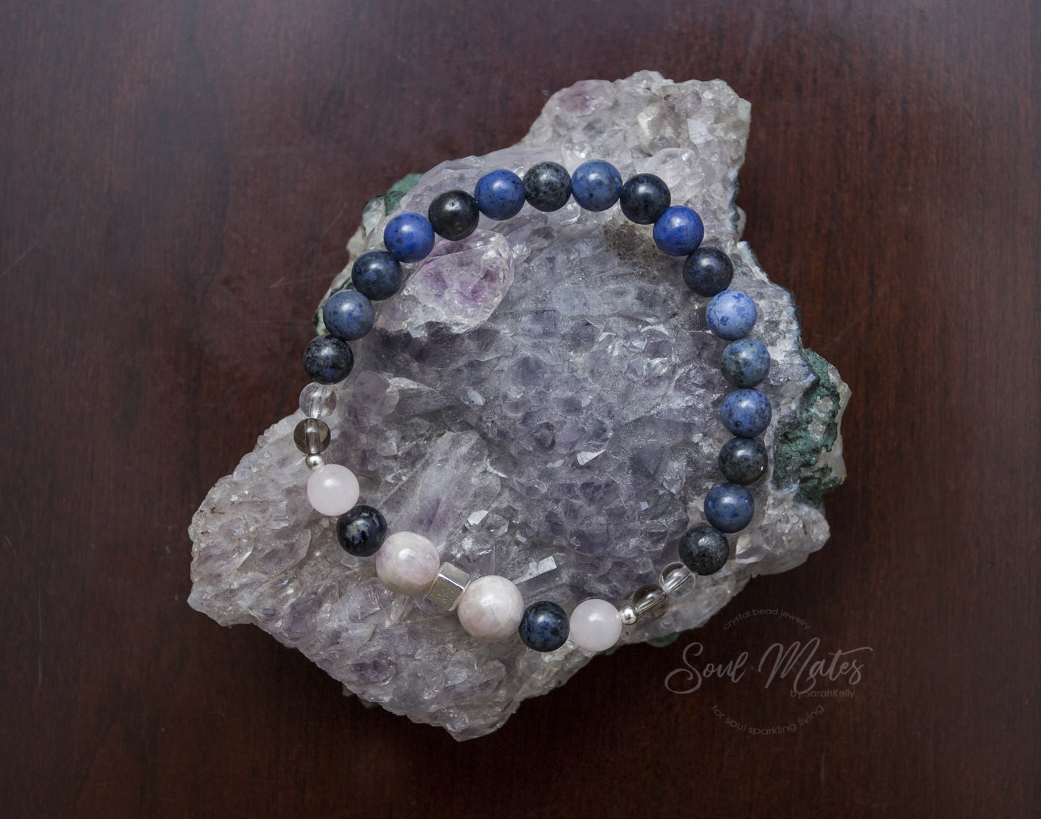 Intuition - Dumortierite and Kunzite make a powerful combination to connect to intuitive ability, universal and spiritual connection through a clear mind. Great for day, night wear and meditation. $30